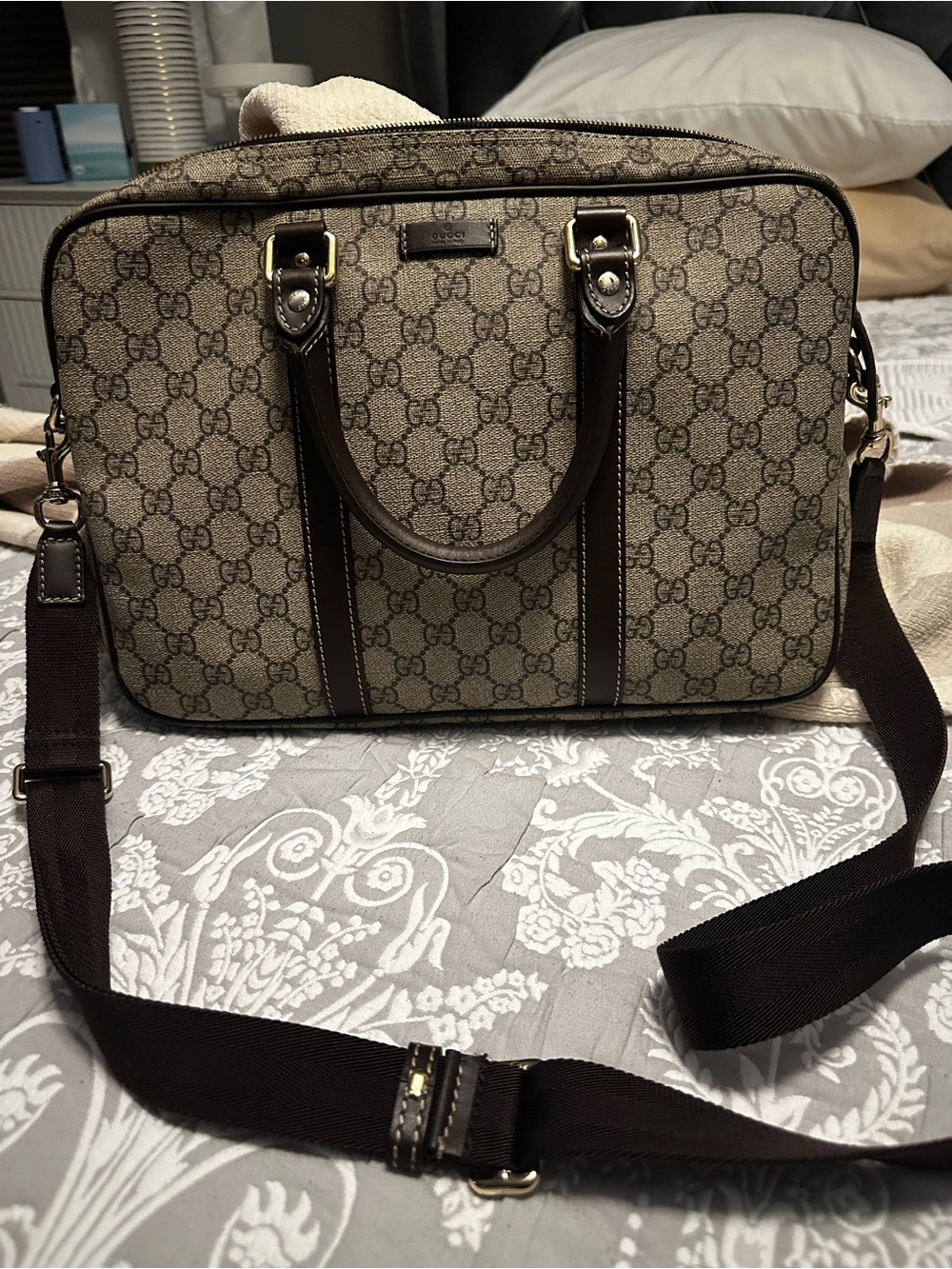 Gucci Brown Monogram Canvas Laptop Messenger with Dark Brown Trim